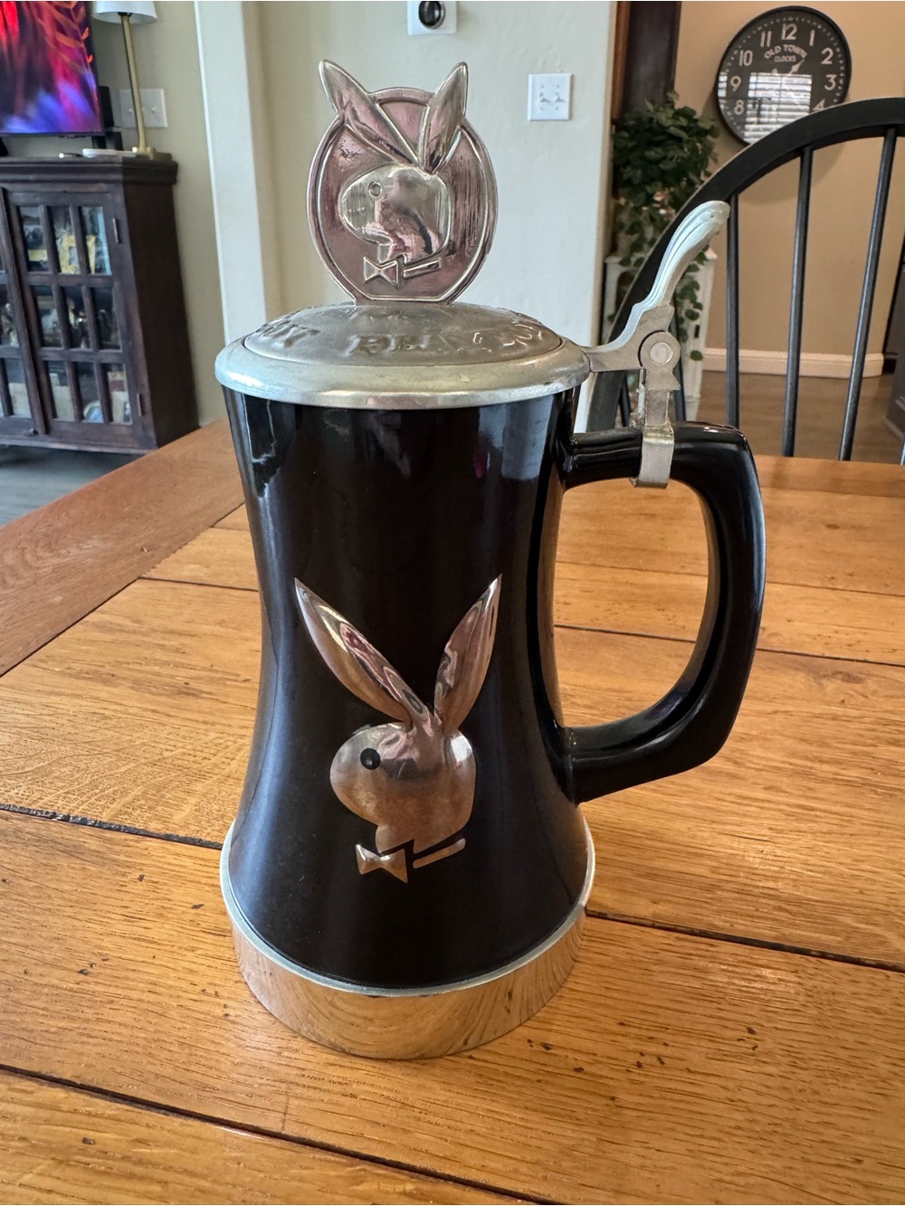 Rare Vintage PLAYBOY Black Ceramic Beer Stein with Metal Bunny and Base